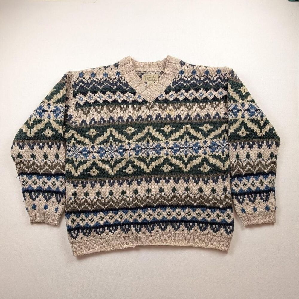 Abercrombie & Fitch Wool Fair Isle V-Neck Sweater Adult Large Beige Heavy Knit L